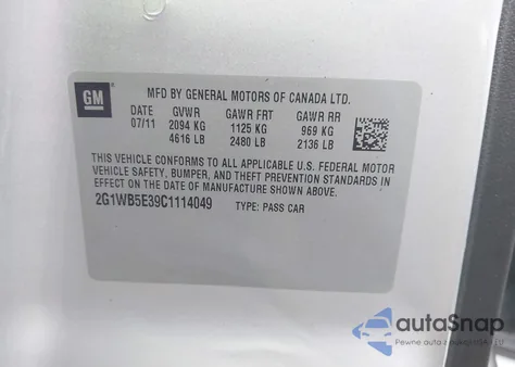 2012 Chevrolet Impala Lt z USA, uszkodzony, nr VIN 2G1WB5E39C1114049